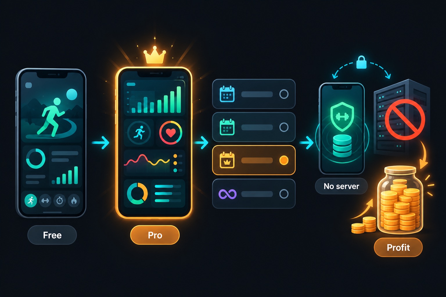How an on-device freemium fitness app makes money: free tracker, Pro upgrade, subscription plans, no server costs, and almost all of it kept as profit