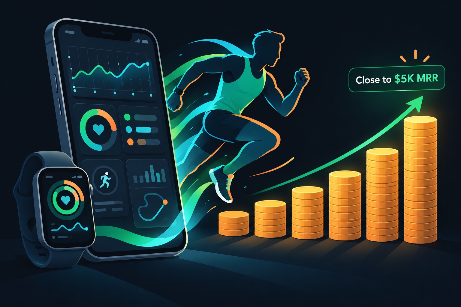 Indie iOS app MRR case study illustration: a workout stats app on an iPhone and Apple Watch-style watch, a faceless runner, and stacked coins showing monthly recurring revenue growth