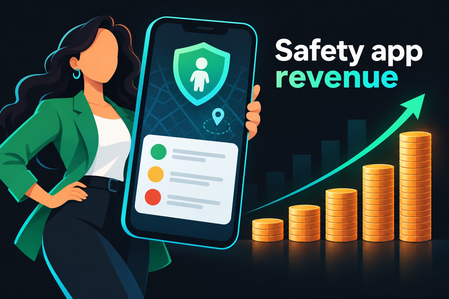 Lovable app revenue case study illustration: a faceless woman holding a phone with a background-check result showing green, yellow and red flags, next to rising stacks of coins
