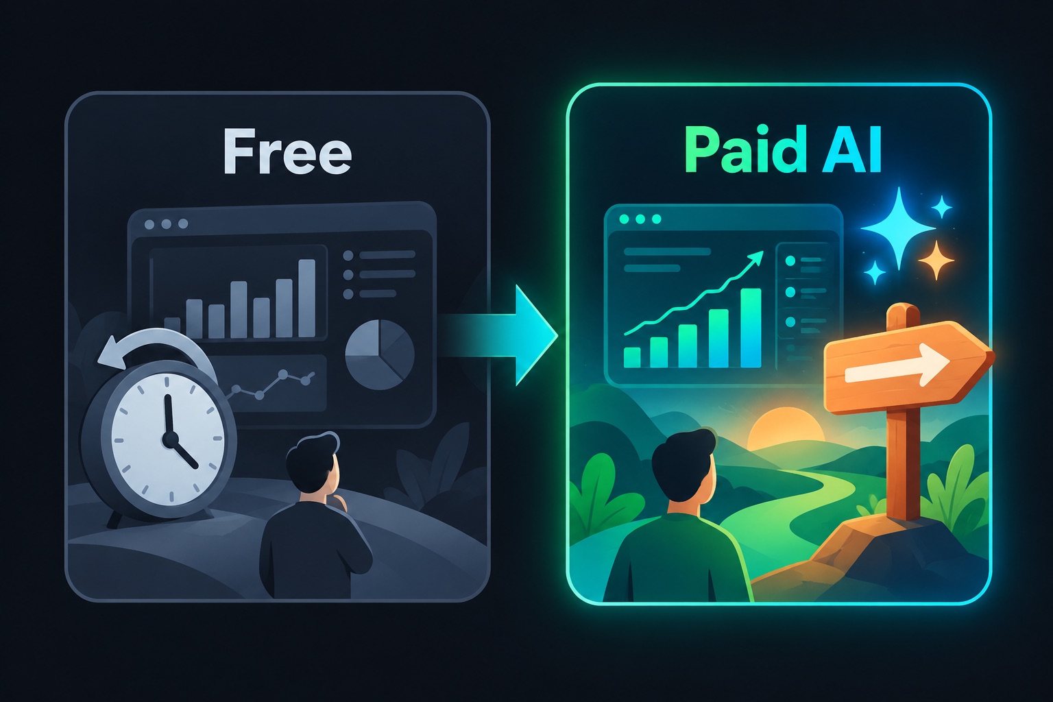 Vibe coded SaaS pricing tiers: a free dashboard plan that shows what happened, and a paid AI plan that tells you what to do next