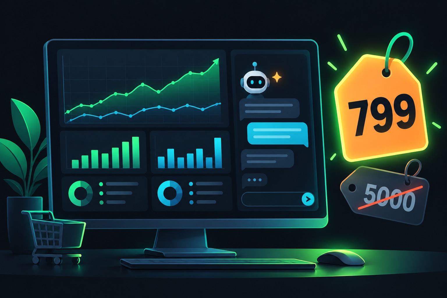 Vibe coded SaaS pricing illustration: an online store profit dashboard with an AI assistant panel, a large 799 monthly price tag and a crossed-out 5000 price tag