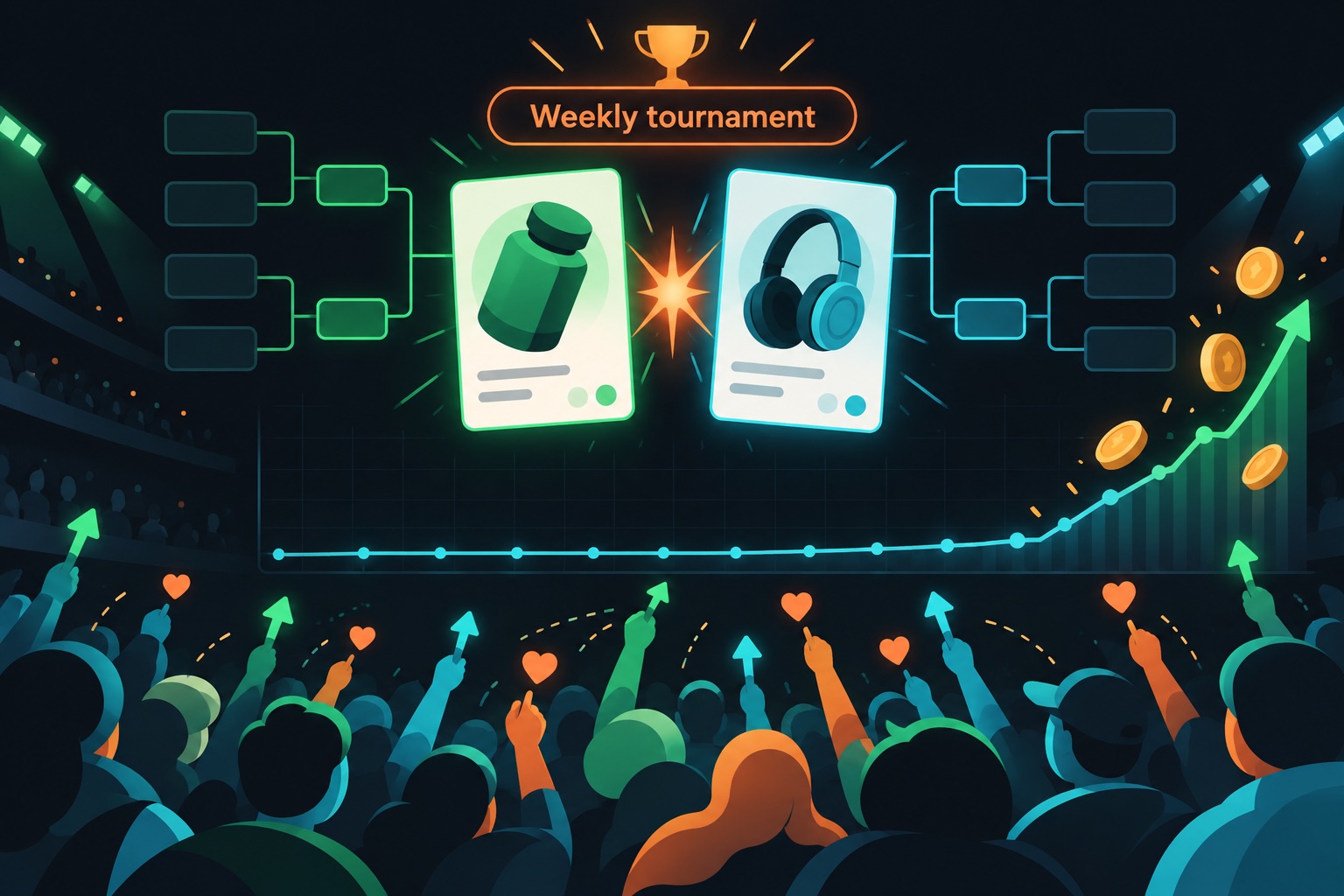 RankInPublic first users illustration: two product cards facing off in a weekly voting tournament bracket, with votes flowing in and a revenue line breaking out of a long flat plateau