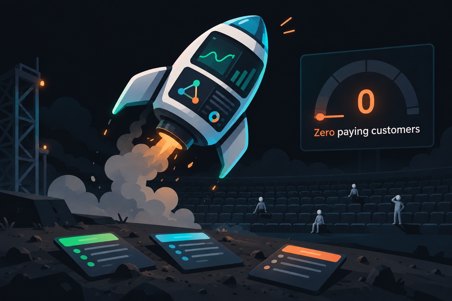 Vibe coded app no customers illustration: a polished multi-model AI research dashboard launched like a rocket that stalls mid-air over an empty crowd area, with a zero revenue meter