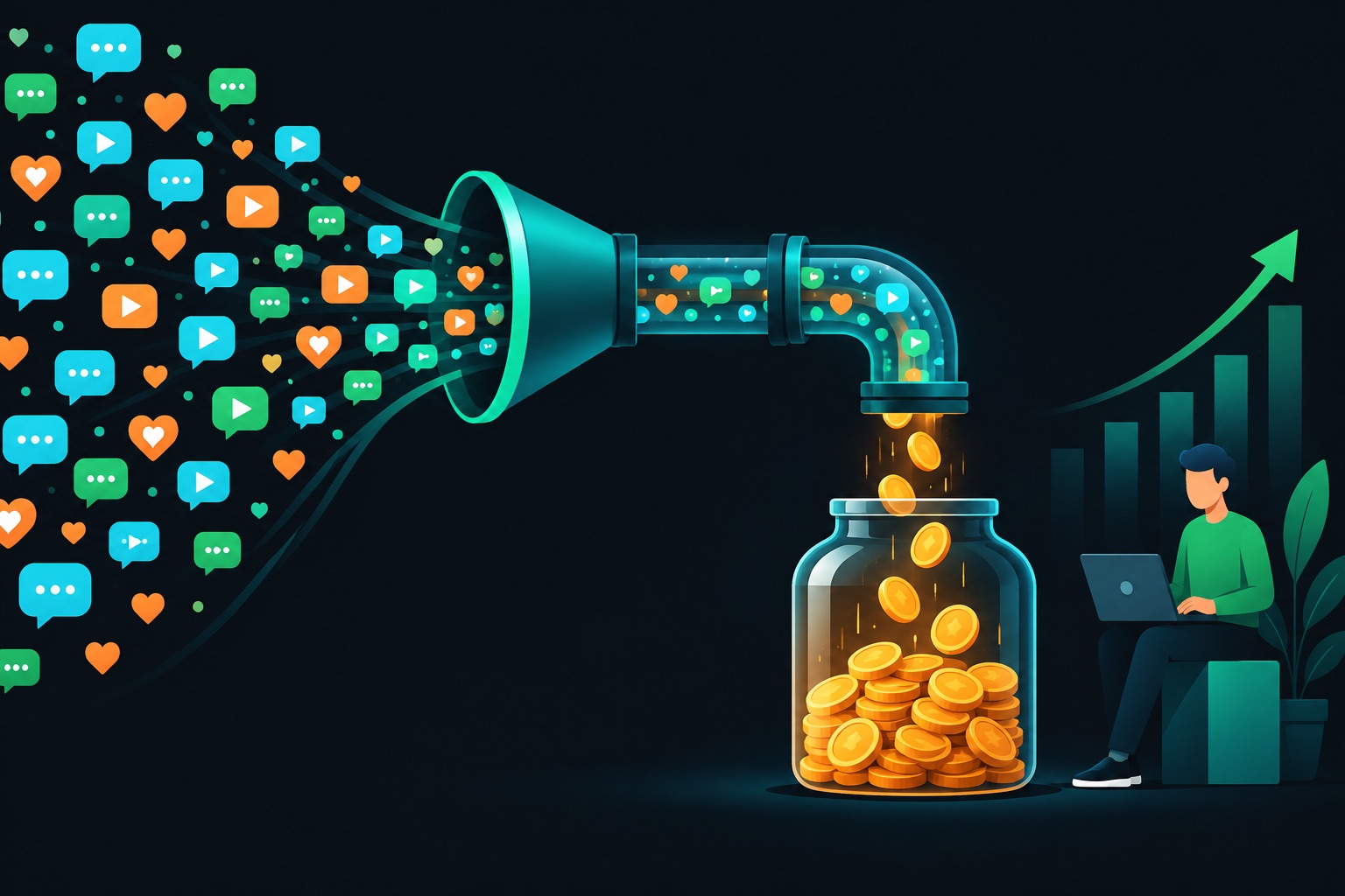 SocialCrawl API revenue illustration: many small social platform icons funneling into one clean API pipe that fills a jar of coins marking $12.5K a month
