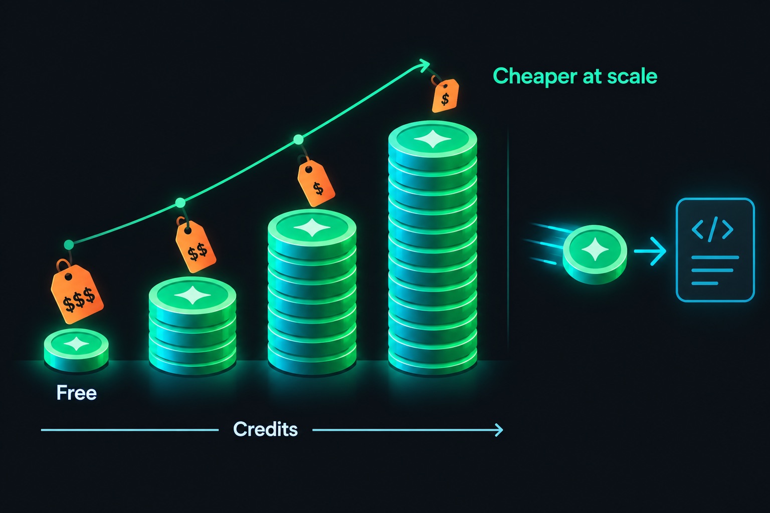 How SocialKit's credit pricing works: a free tier with 20 credits, monthly plans that buy credit bundles, one credit per API request, and a lower price per 1K credits on bigger plans