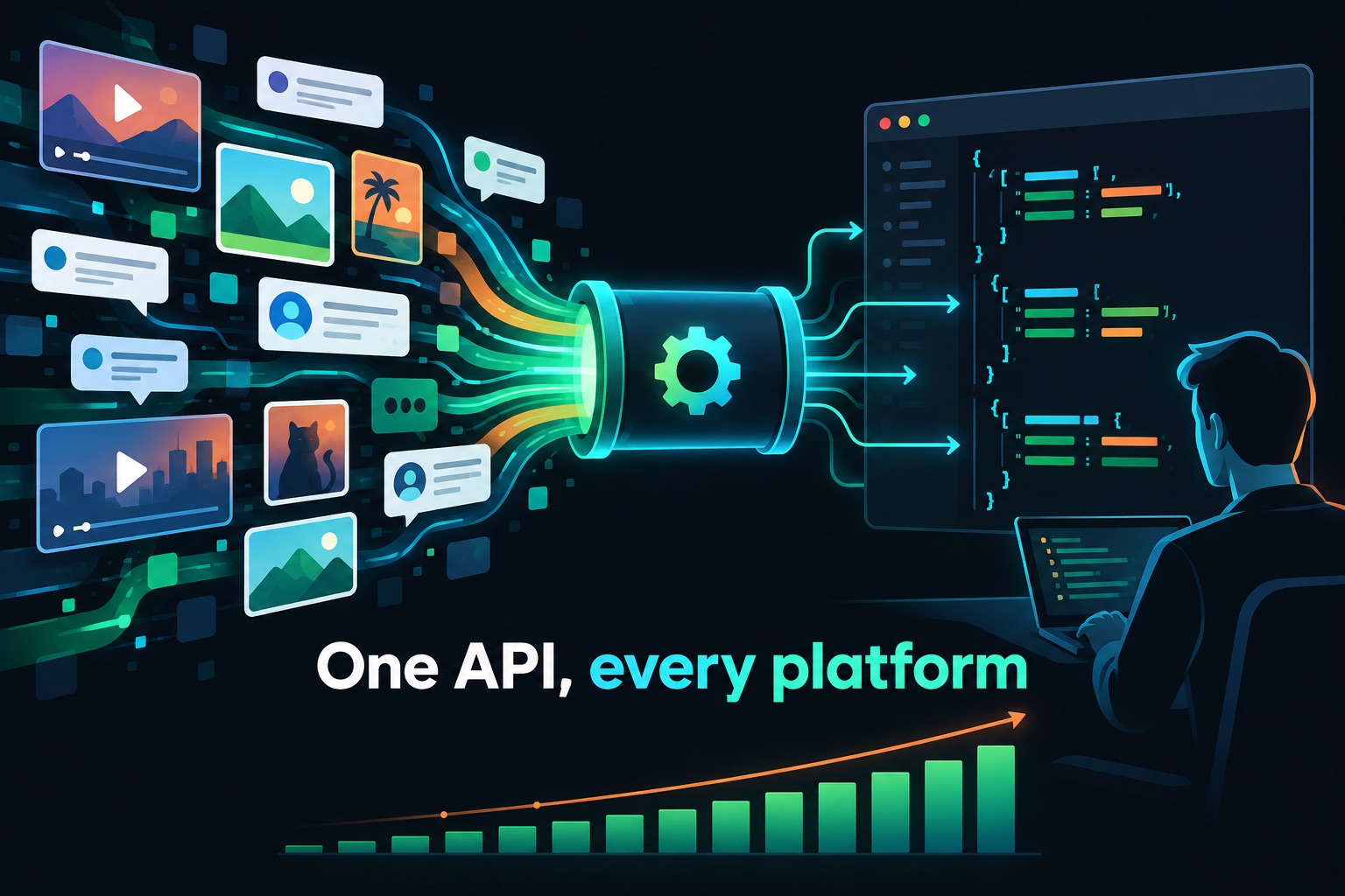 SocialKit API revenue illustration: data from video, photo and social feeds flowing through a single API pipe into a developer's code editor, with a rising monthly revenue chart