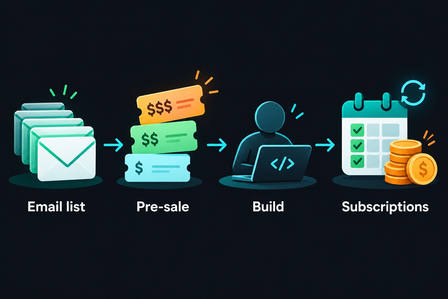 Claude Code SaaS revenue case study diagram: an email list leads to a tiered pre-sale, then the build, then monthly subscriptions