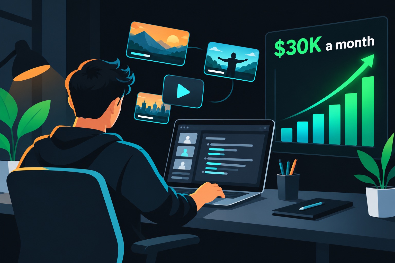 Claude Code SaaS revenue case study illustration: a creator at a laptop writing a video script, with thumbnail cards floating above and a revenue chart rising to $30K a month