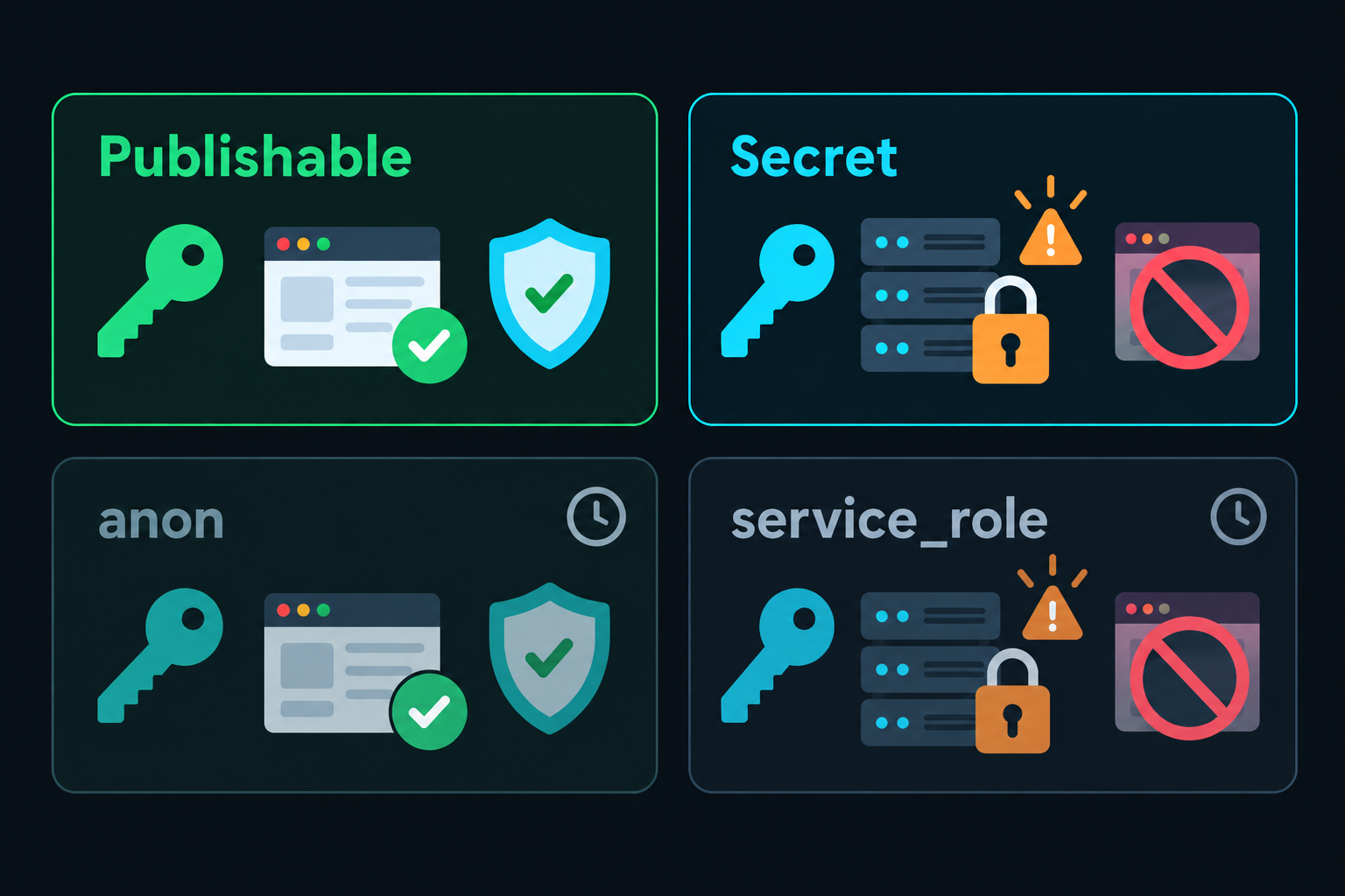 Grid comparing the four Supabase API key types: publishable and secret keys, plus the legacy anon and service_role JWT keys, showing which are safe in the browser and which must stay on the server