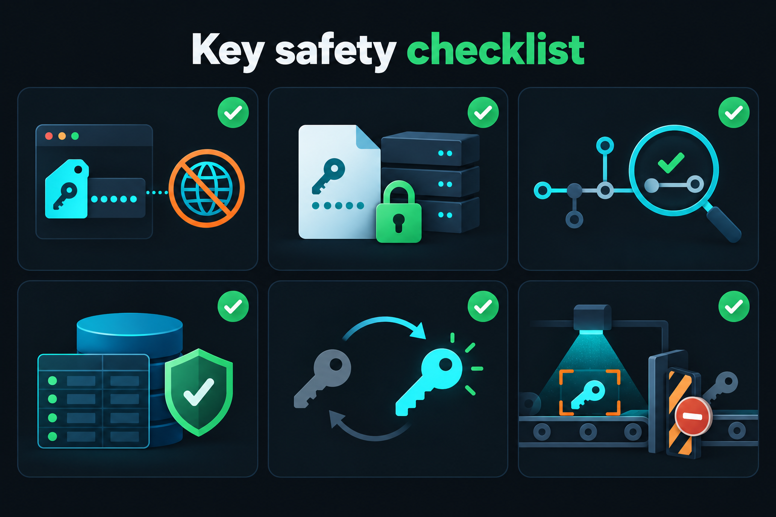 Key-safety checklist card grid for a vibe-coded Supabase app: no secret key in NEXT_PUBLIC_ variables, server-only admin client, clean git history, RLS on every table, legacy keys migrated, and a secret scanner in CI