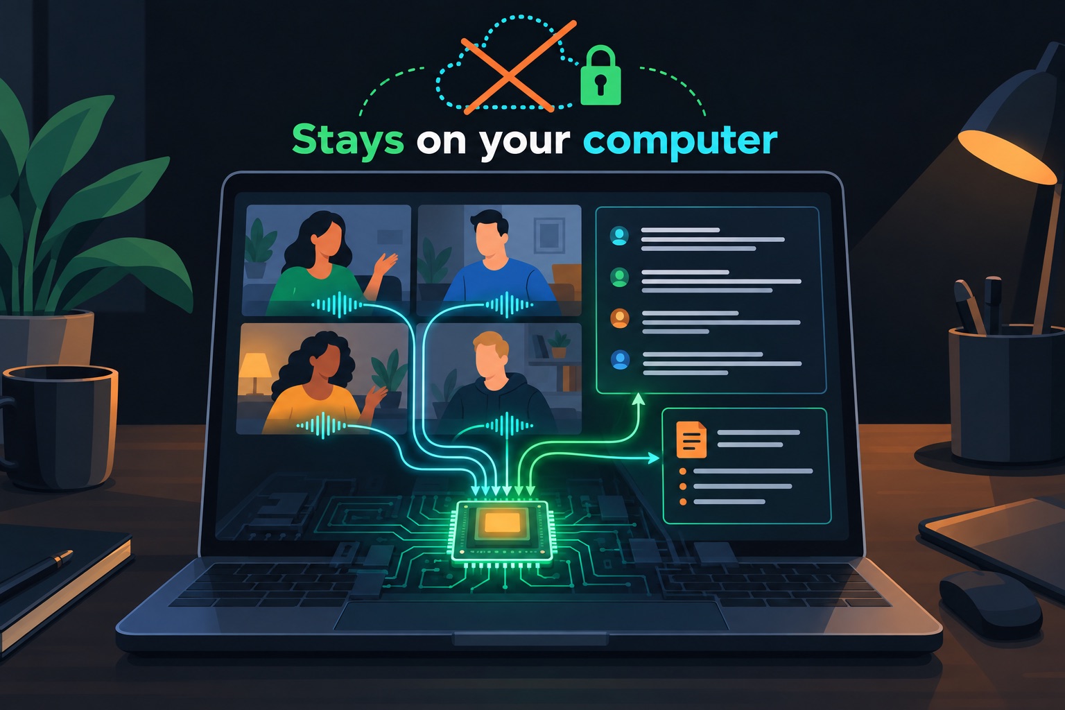 On-device meeting transcription app illustration: a video call on a laptop whose audio flows into a local chip that writes the transcript and summary, with the cloud crossed out