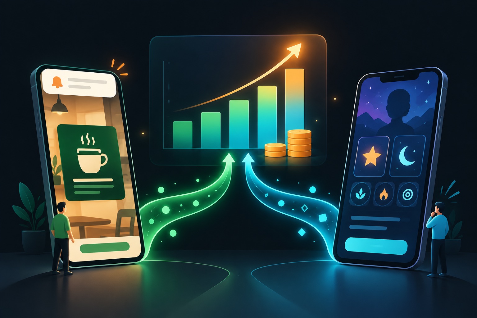Claude Code app revenue illustration: a wallet membership card for a café and a personality app on a phone, both feeding one combined portfolio revenue chart