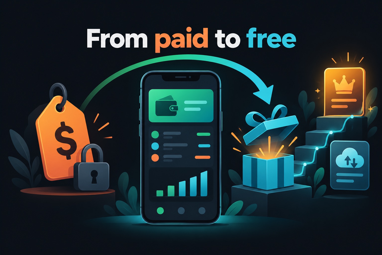 Budget app pricing strategy illustration: a locked paid price tag turning into a free download that steps up to Pro and Cloud cards around a budget tracker phone