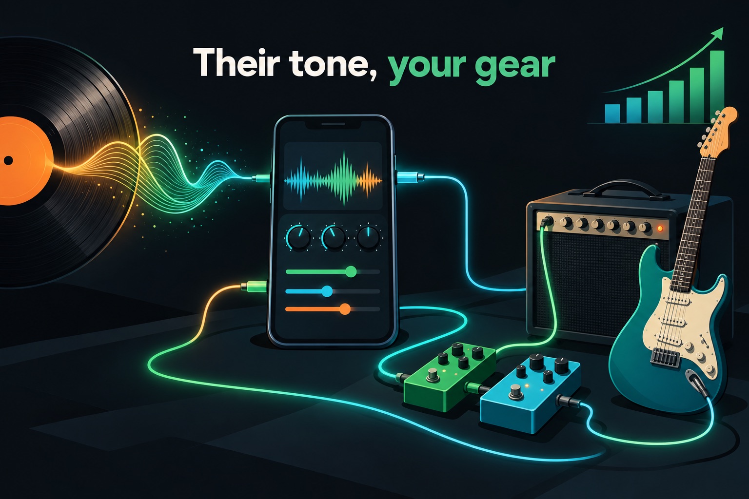 Vibe coded app revenue Cursor illustration: an electric guitar, amp and pedals linked to a phone app that adapts a famous tone to your own gear, with a rising monthly revenue chart