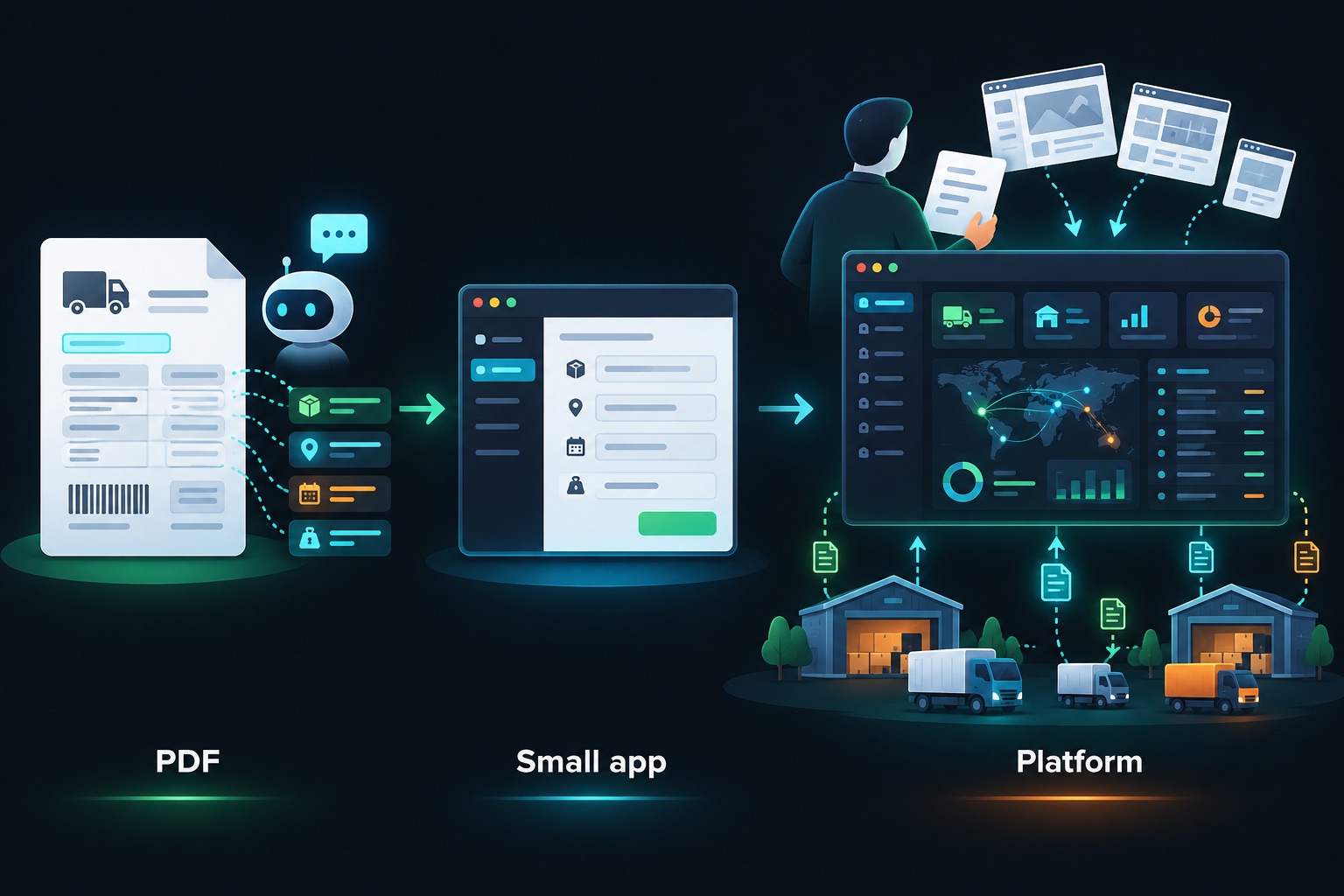 How TradeWeave was built: a shipping PDF read by an AI chatbot, then a small document-processing app, then the full EDI platform built on Bolt from specs and screenshots
