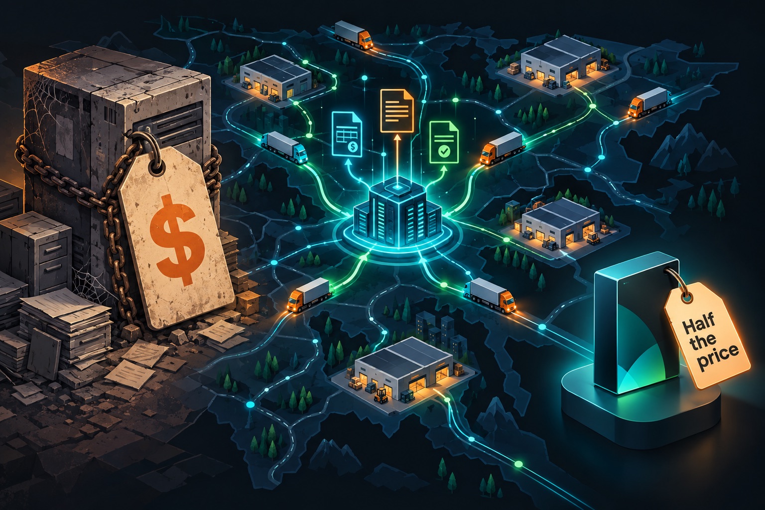 Built with bolt.new case study illustration: a trucking route network exchanging shipping documents through a modern data hub, with a half-size price tag next to an oversized legacy software box
