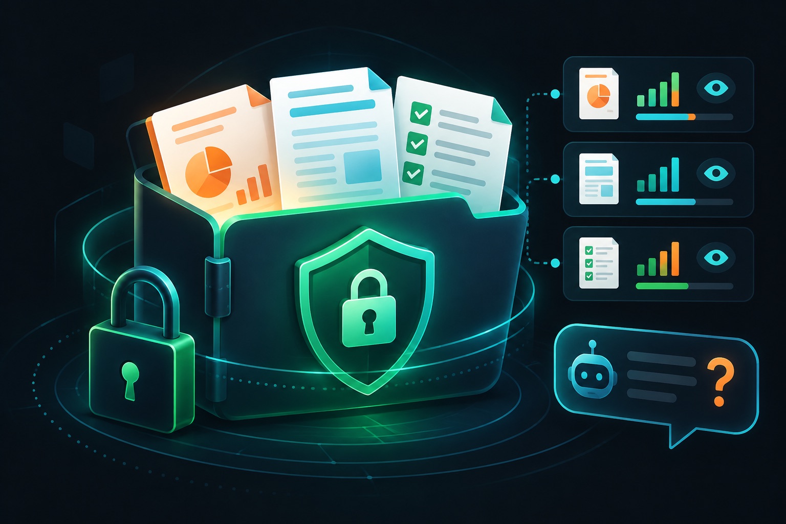 Claude Code SaaS case study illustration: a secure data room with pitch deck and due-diligence documents behind a shield, page analytics bars and a chat bubble for AI questions