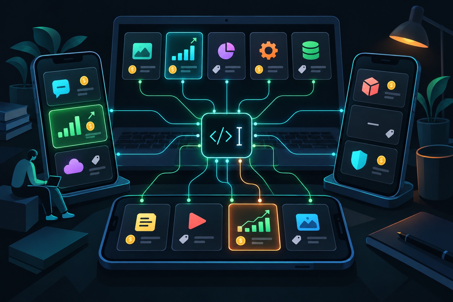 Apps built with Cursor revenue roundup: a grid of thirteen app cards on phones and laptops, some glowing with rising revenue bars and one empty