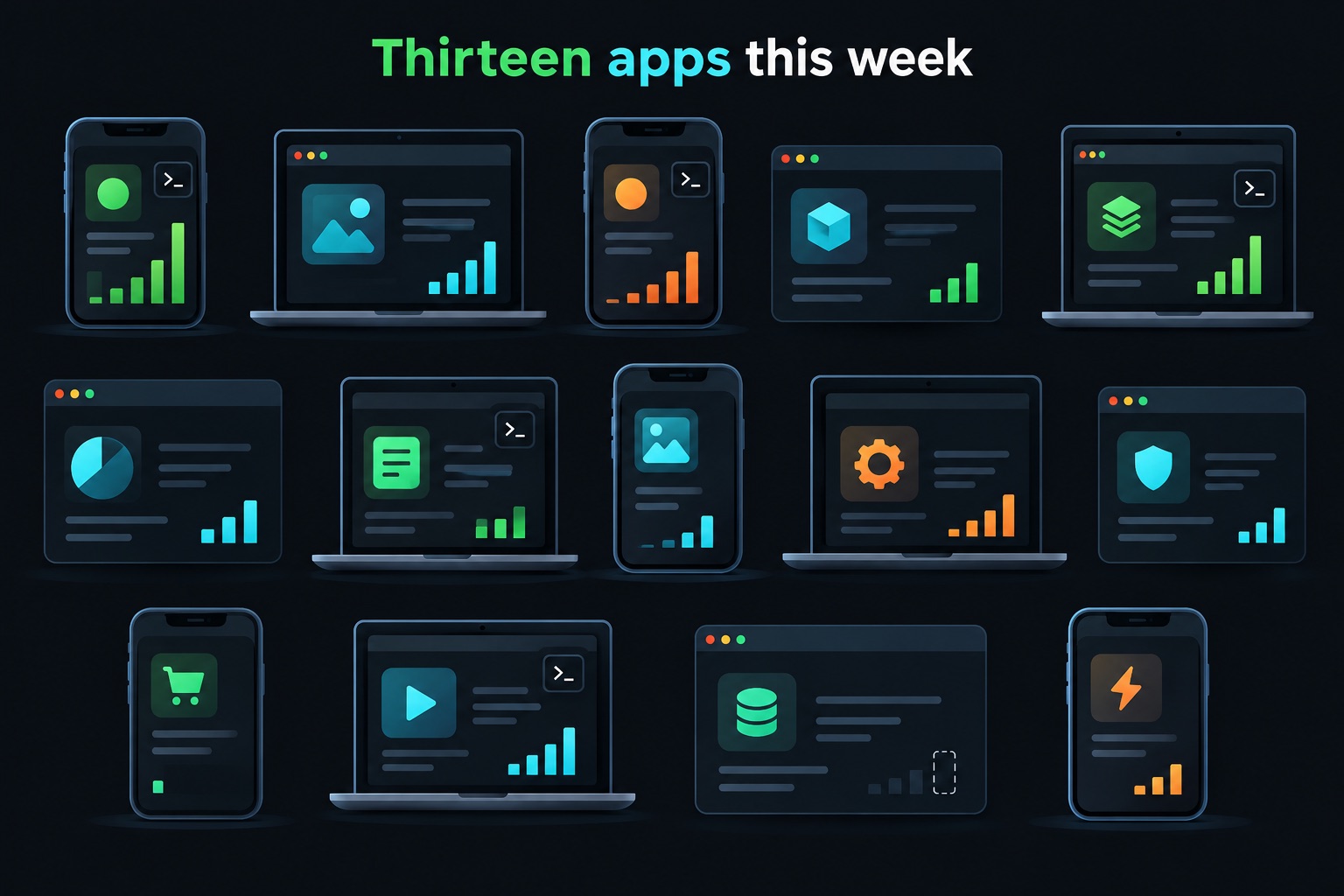 Apps built with Claude Code revenue roundup: a grid of app cards on phones, laptops and browsers, each with a revenue bar of a different height, one empty