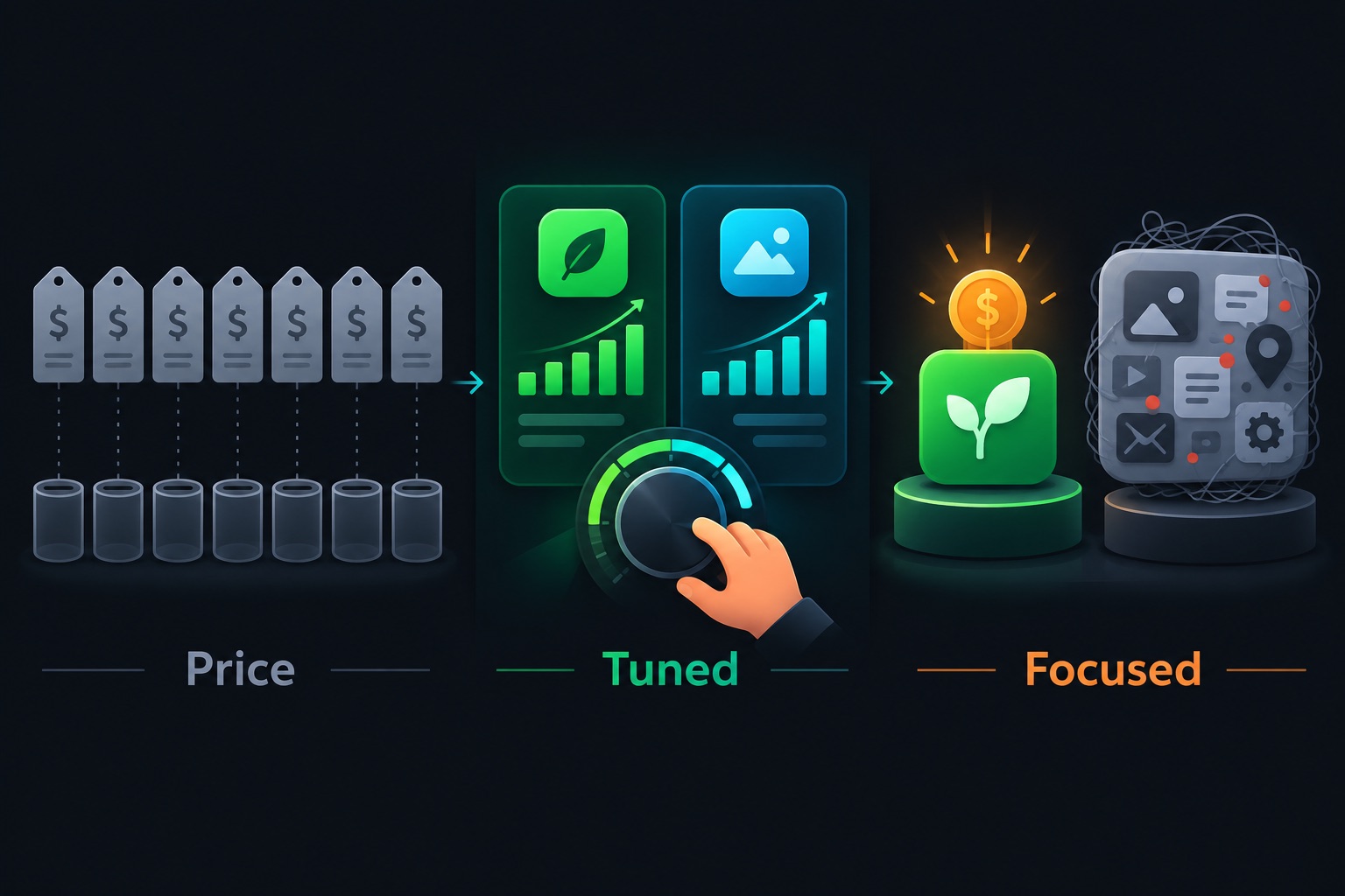 Vibe coded iOS apps pricing patterns: seven price tags with no revenue, two apps tuning price and channel, and small focused apps beating big unsold ones