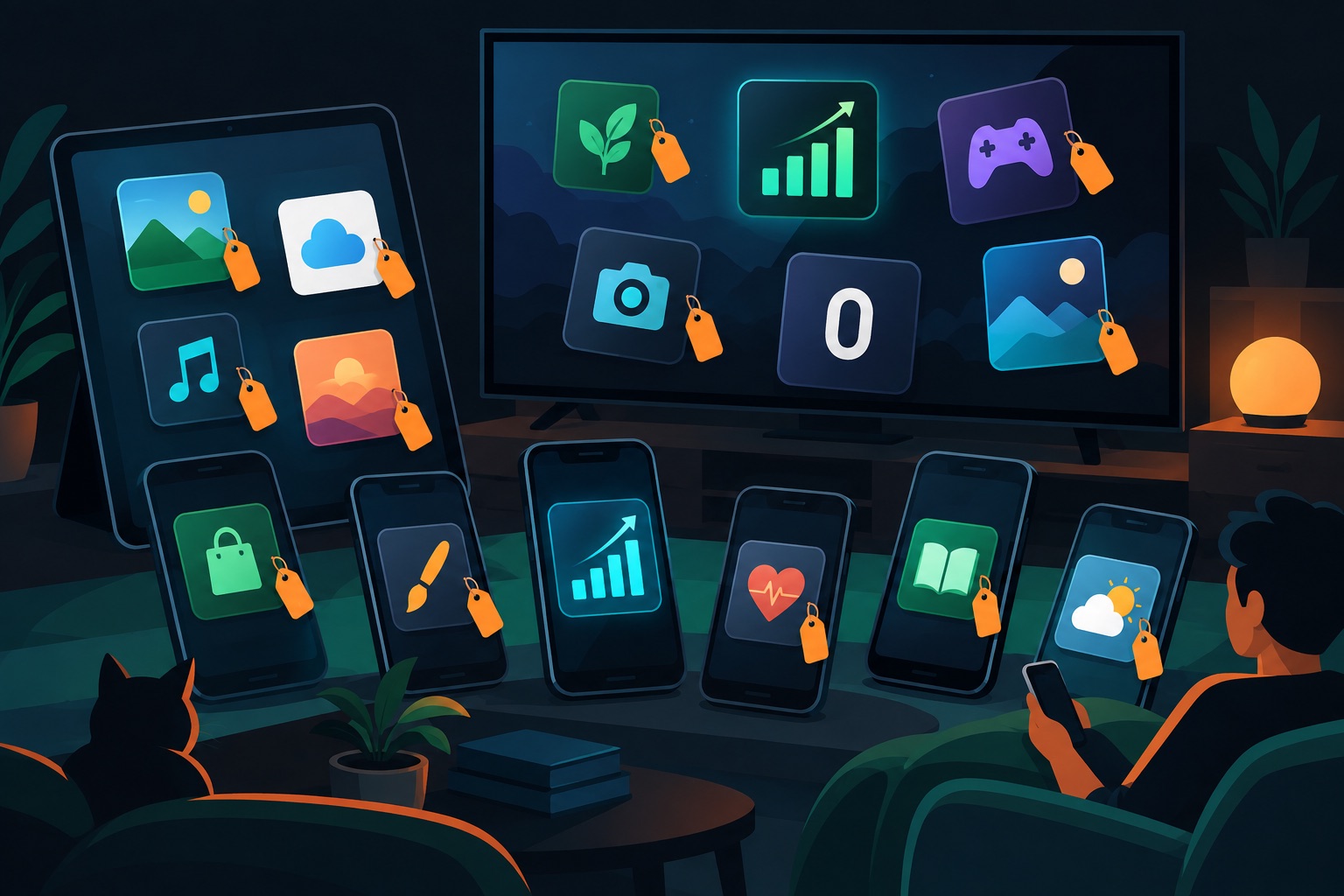 Vibe coded iOS apps pricing roundup: thirteen app cards on phones, tablets and a TV, most showing price tags and a few showing revenue bars