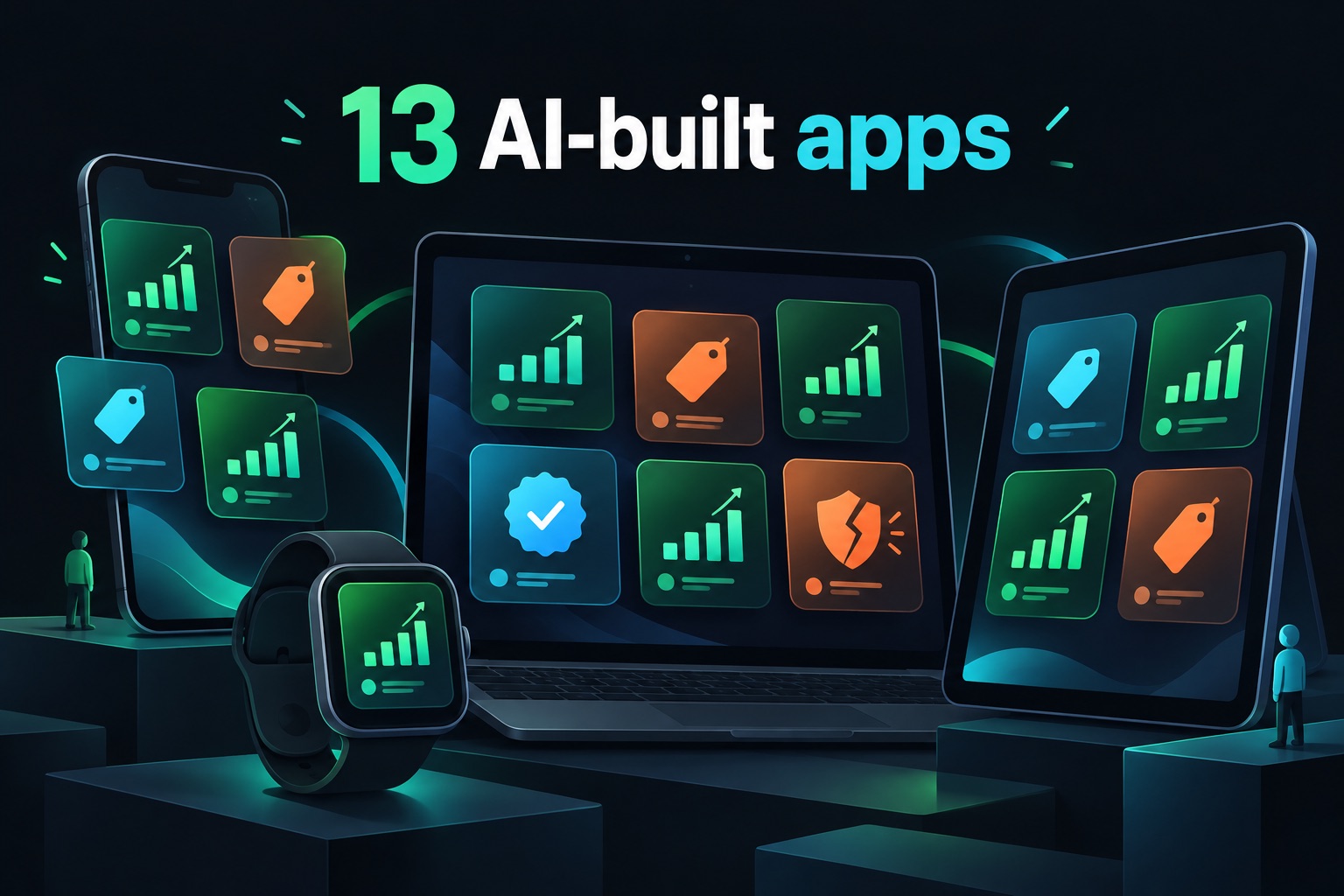 AI built apps making money roundup: thirteen app cards on phones, a watch, a laptop and a tablet, showing revenue bars, price tags, one verified badge and one cracked shield