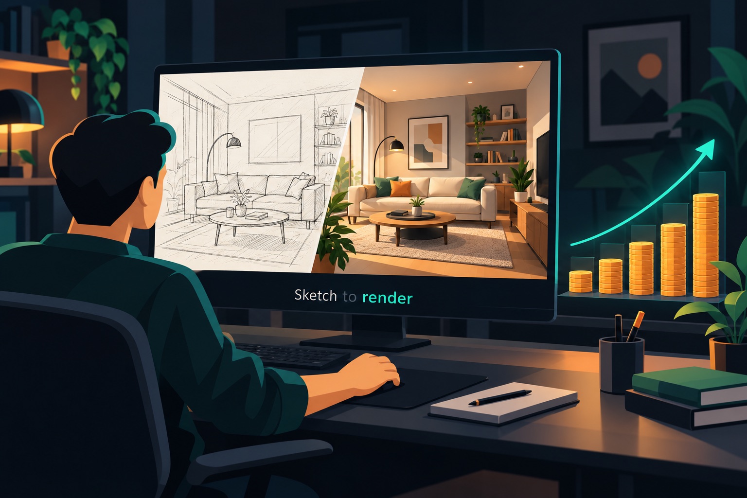 AI SaaS MRR case study illustration: a sketch on a designer's screen turning into a realistic room render, with a subscription revenue chart rising beside it