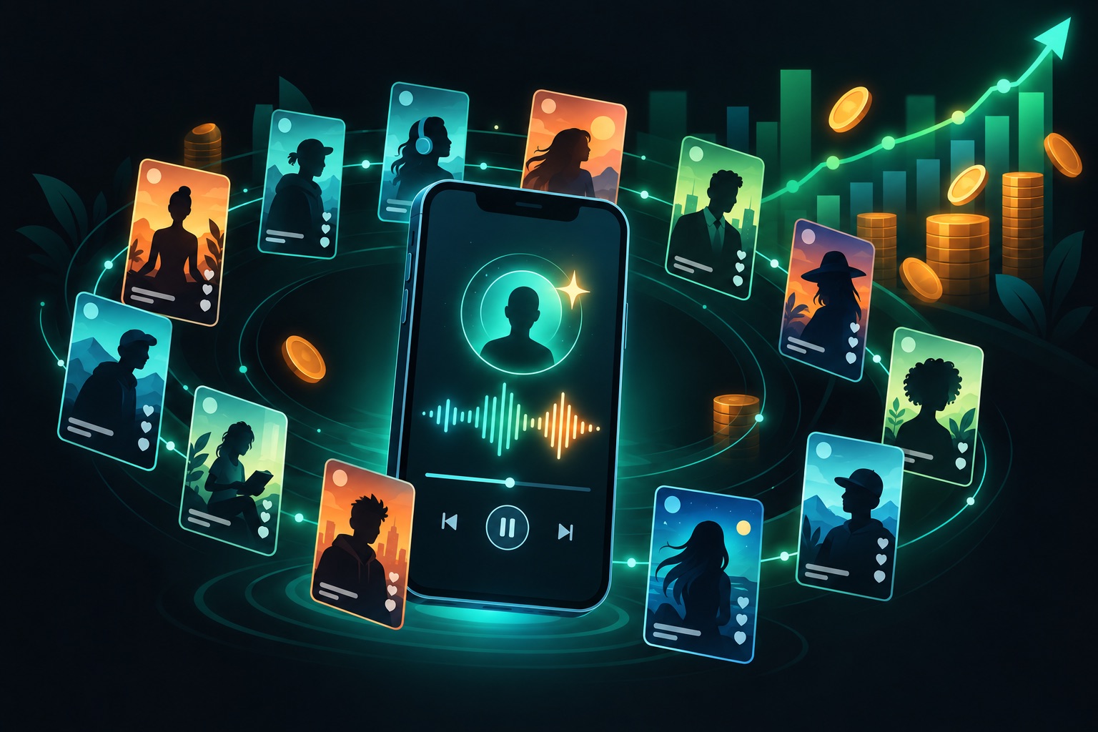 Vix manifestation app illustration: a phone playing a personalized affirmation audio waveform, surrounded by many faceless persona video accounts feeding a rising monthly revenue line