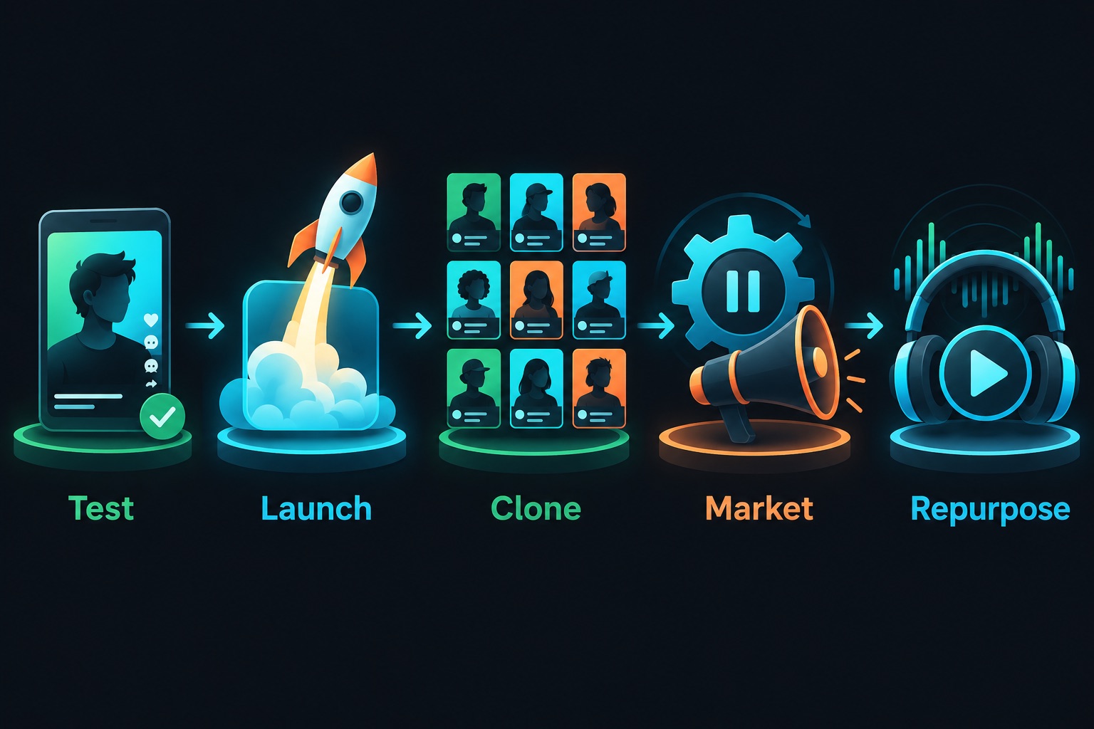 How the Vix manifestation app got its first users: test on one TikTok page, launch, grow to about 25 persona accounts, pause features to market, then repurpose audio to Spotify and YouTube
