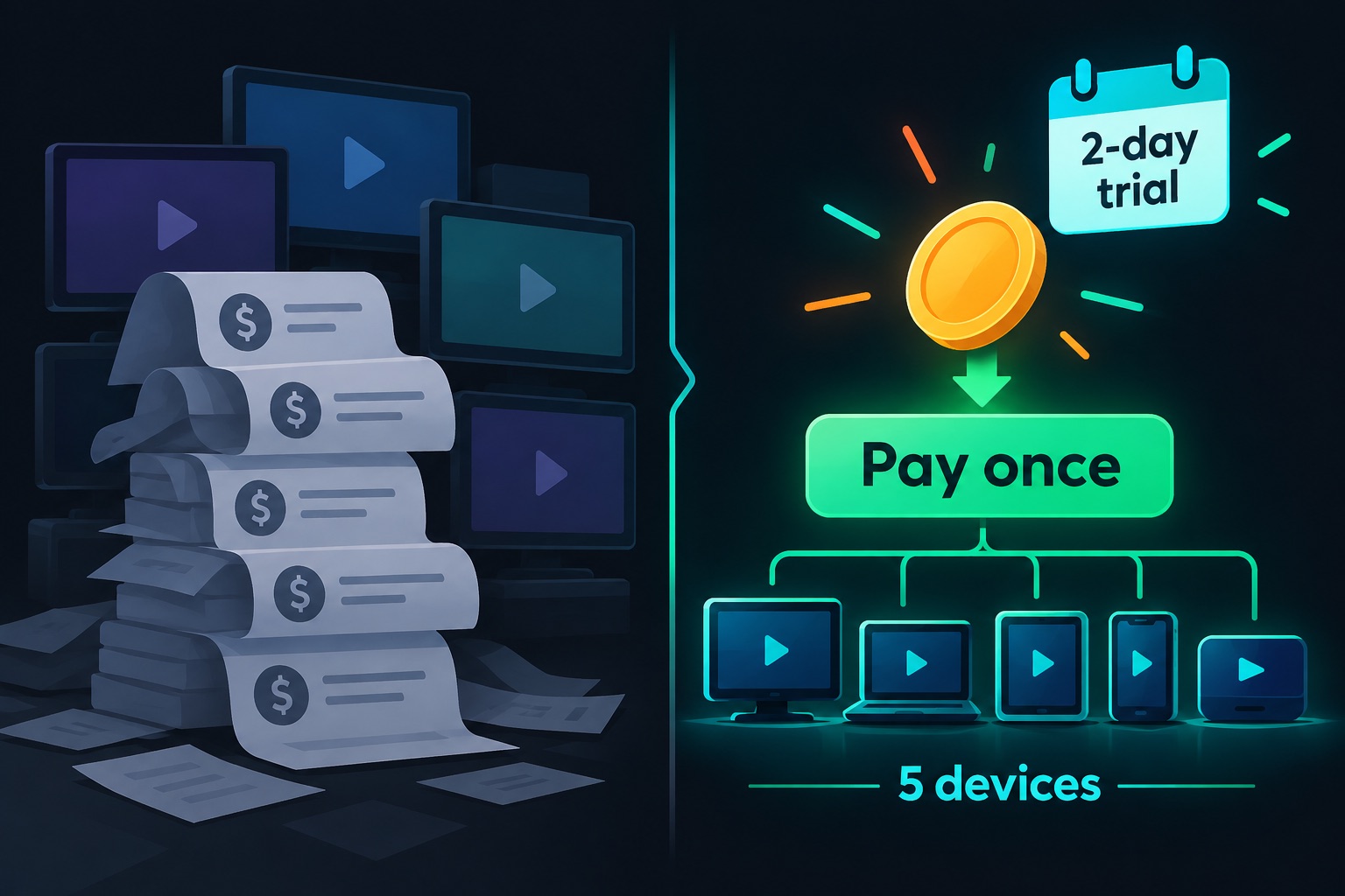 How WatchBridge's one-time pricing works: a two-day free trial with no card, then a single small payment that unlocks up to five TV devices, instead of another monthly subscription