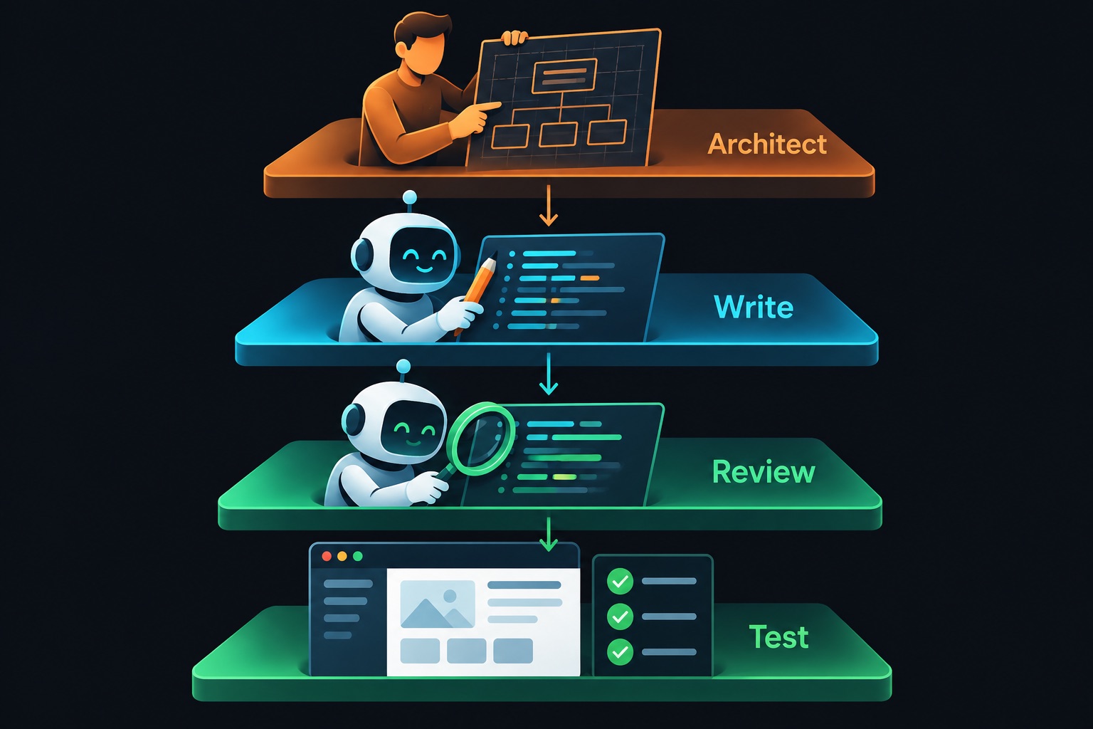The Webase workflow stack as four layers: a human architect, Claude Code writing the code, Codex reviewing it, and tests on the generated app