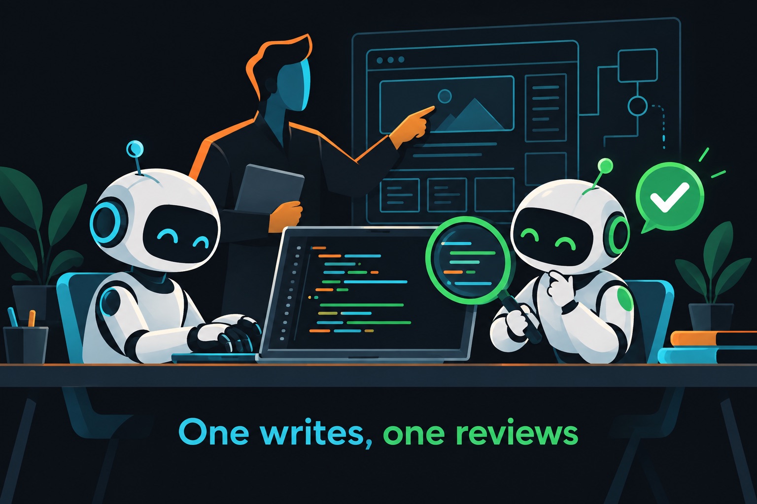 Claude Code Codex workflow illustration: one AI agent writes code while a second agent reviews it with a magnifying glass, and a human architect points at the app blueprint