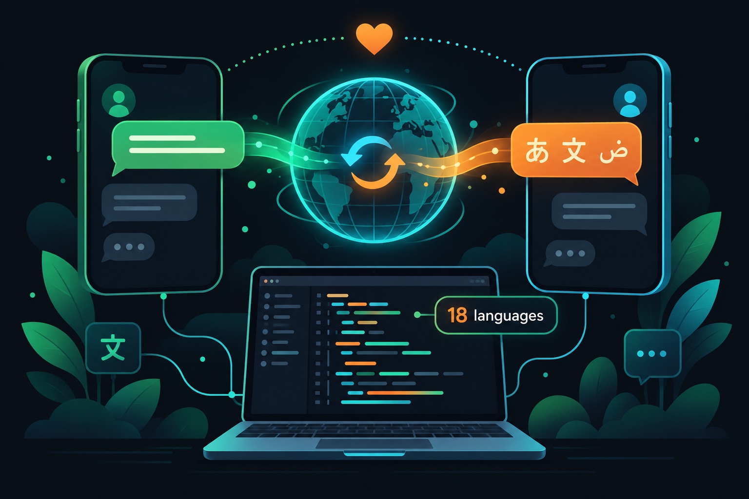 Vibe coded dating app stack illustration: two phones exchanging chat bubbles that are translated live between languages, with a laptop code editor building the app in the middle