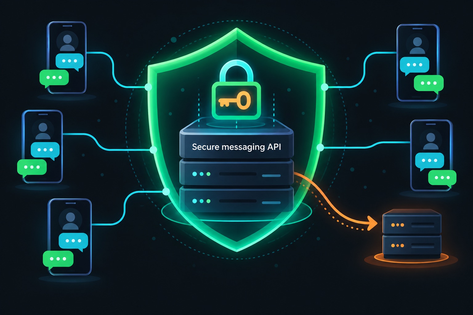 WhatsApp automation API security illustration: a shield over a messaging API server connected to several phone numbers, with locked keys and a webhook arrow