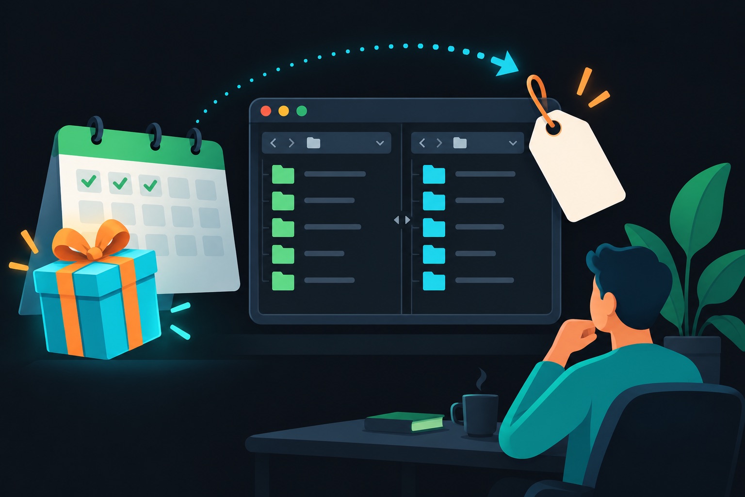 One-time purchase pricing indie app illustration: a small native Mac file manager window with folders and a single price tag marked paid once, next to a calendar showing a free trial