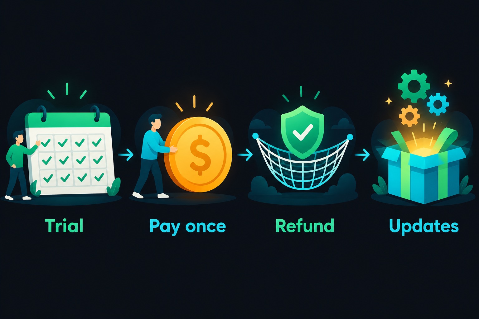 How WhimFiles one-time pricing works: a 30-day full trial, a single payment, a 14-day refund window, and all future updates included