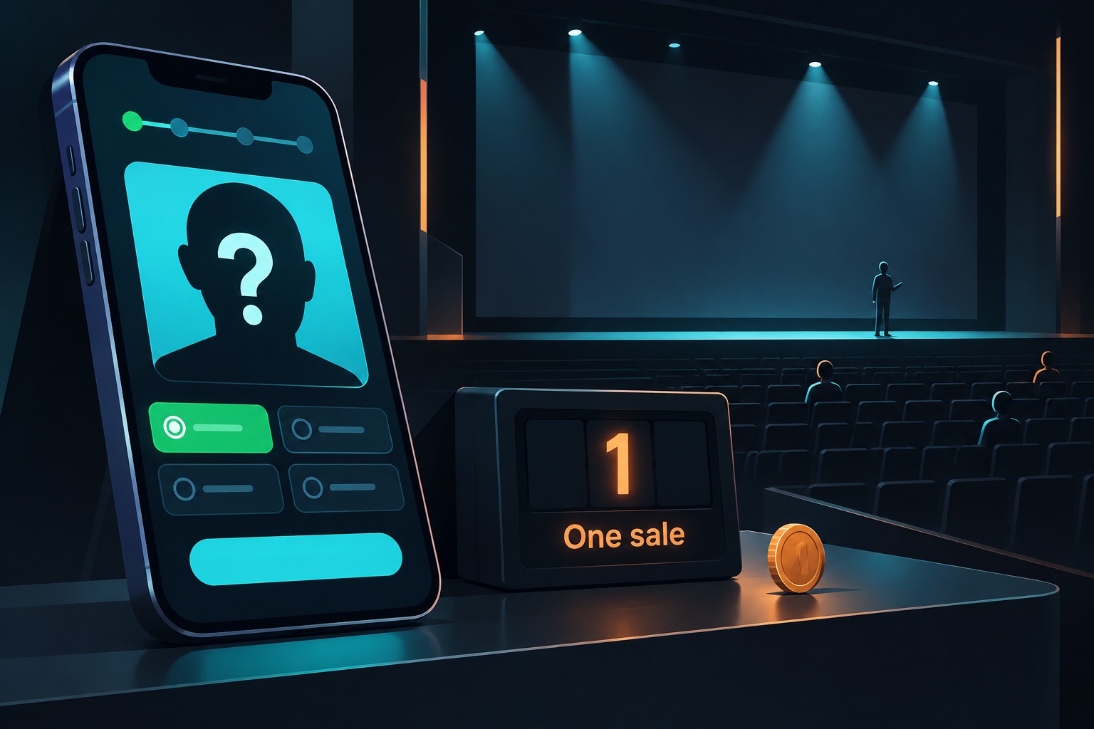 Vibe coded app no sales illustration: a picture quiz app on a phone next to a sales counter showing one sale and a single coin, in front of a nearly empty audience