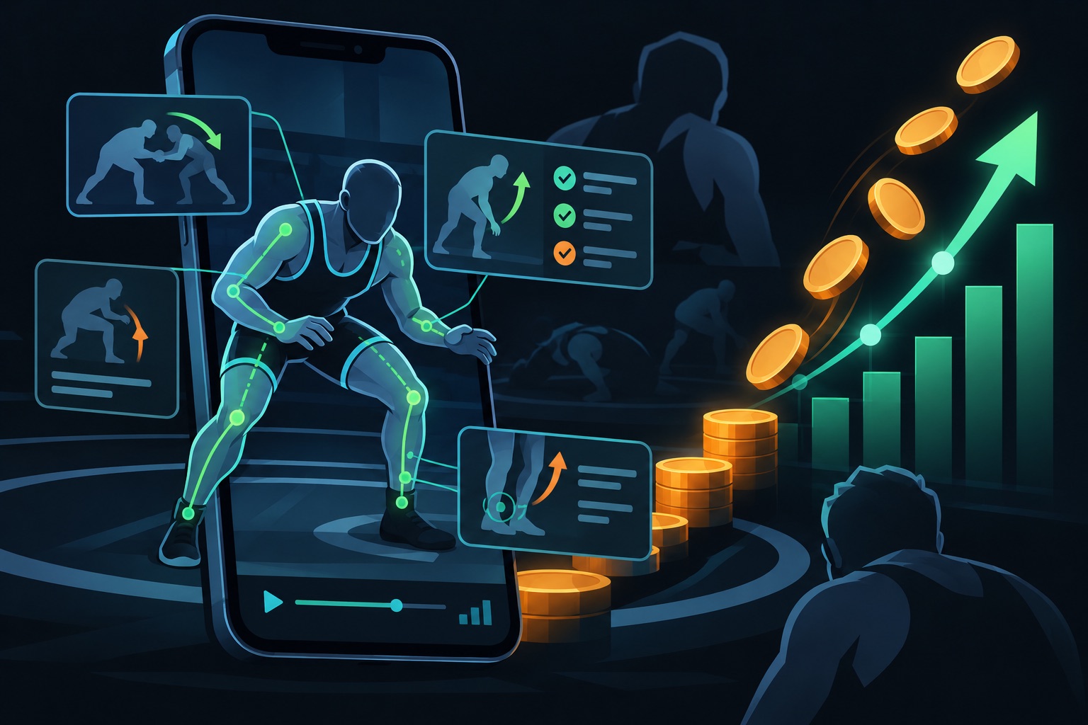 Wrestle AI revenue illustration: a faceless wrestler silhouette on a phone screen with match-analysis overlays and a rising monthly revenue chart