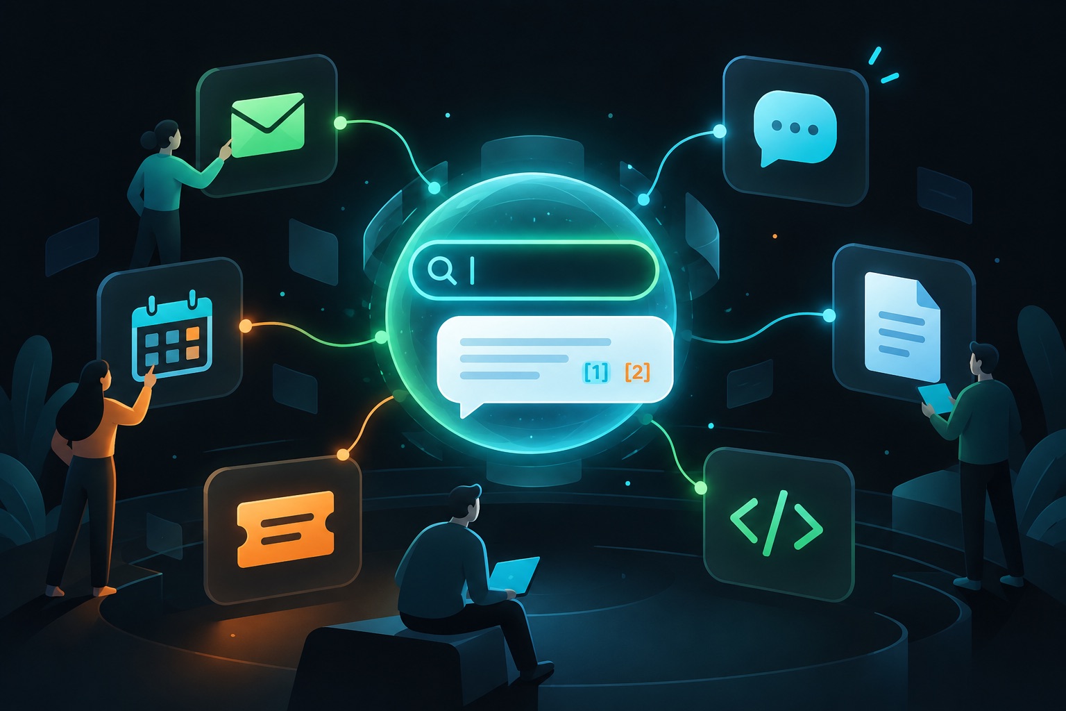 Built with Claude Code SaaS illustration: an AI search hub in the middle connected to mail, chat, documents and ticket icons, with a single search bar pulling answers together